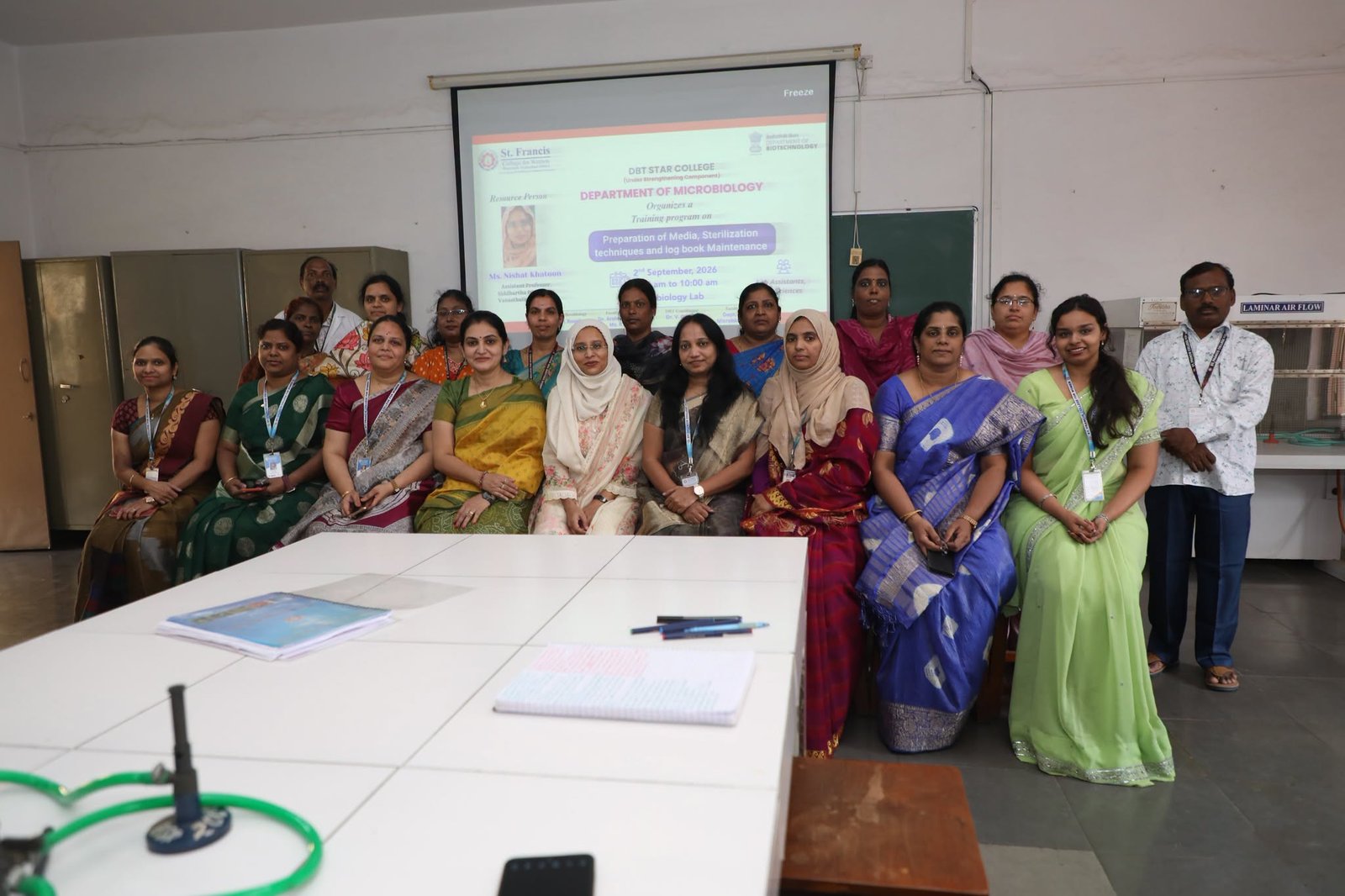 The Department of Microbiology organised a hands-on training programme on “Preparation of Media, Sterilisation Techniques and Log Book Maintenance” for lab assistants of Life Sciences.